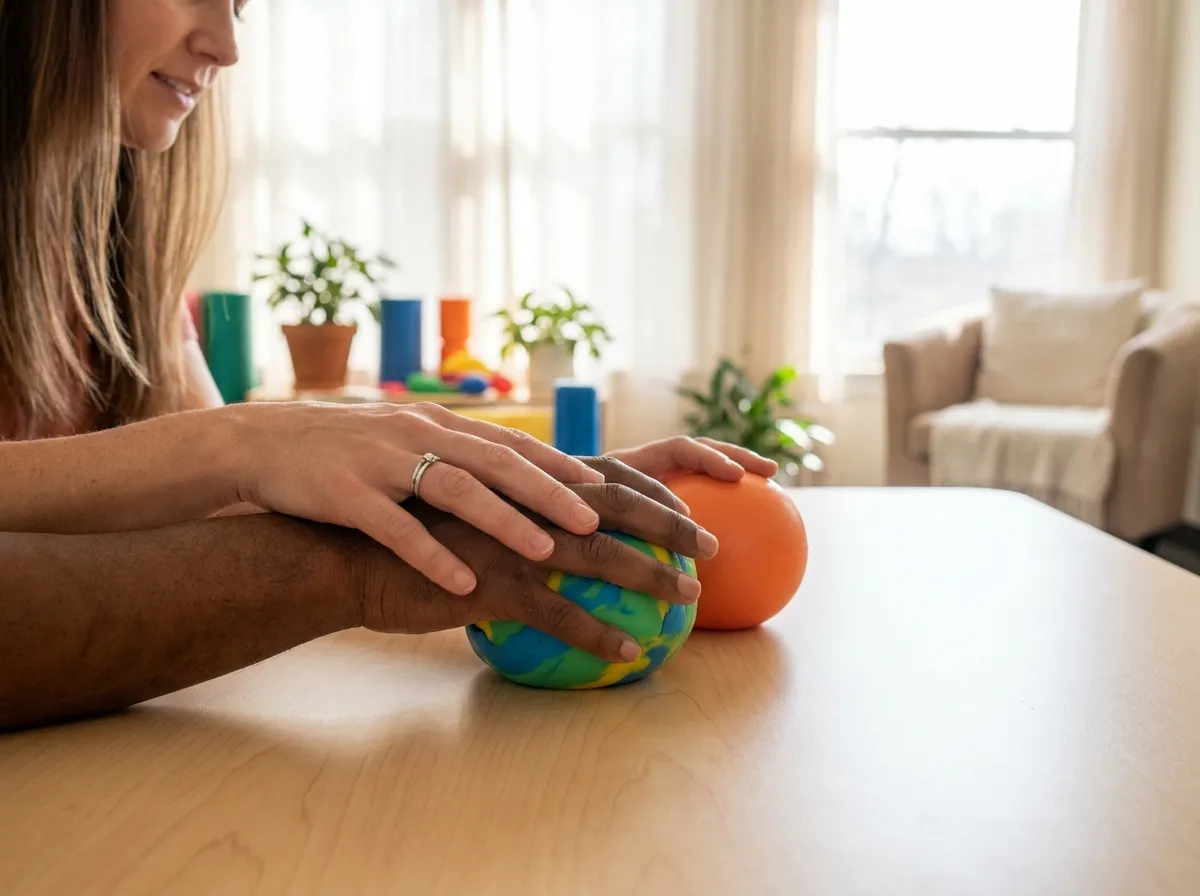 Hände bei einer Handtherapie-Übung mit bunter Therapieknete