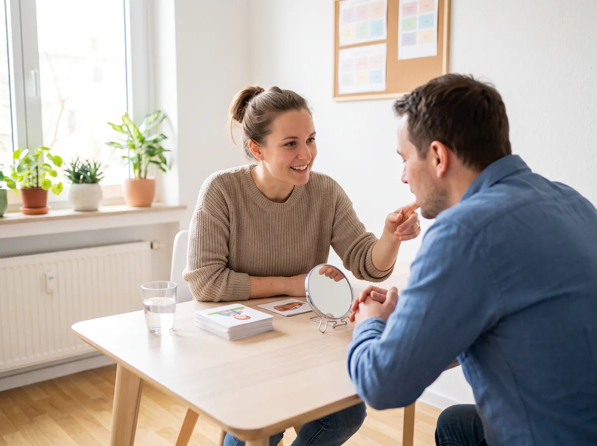 Logopädin übt mit einem Patienten am Tisch die Aussprache, daneben ein Übungsspiegel