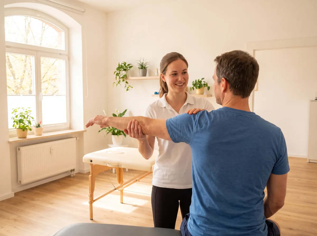 Physiotherapeutin mobilisiert die Schulter eines Patienten in einem hellen Behandlungsraum