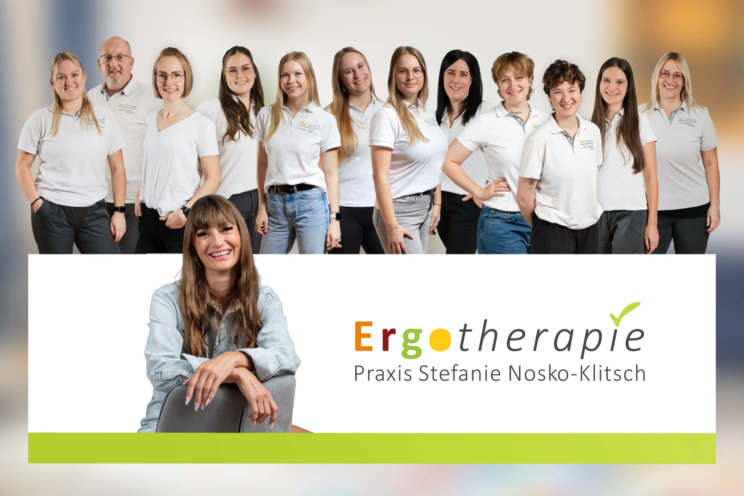 Das Team der Ergotherapie-Praxis Stefanie Nosko-Klitsch – dreizehn Therapeutinnen und Therapeuten, davor sitzend Inhaberin Stefanie Nosko-Klitsch